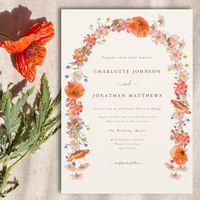 Convite Casamento Floral Boho (Elegant wildflower boho floral arch wedding invitation )