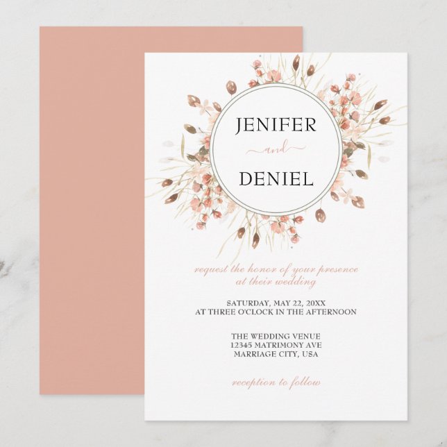 Convite Casamento Floral Boho Aquarela Seca (Frente/Verso)