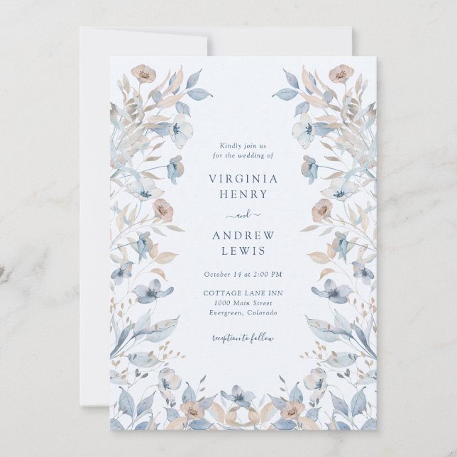 Convite Casamento Floral Boho Azul (Frente)