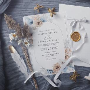 Convite Casamento Floral Boho Azul e Bege com QR Code Econ