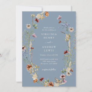 Convite Casamento Floral Boho Azul Empoeirado