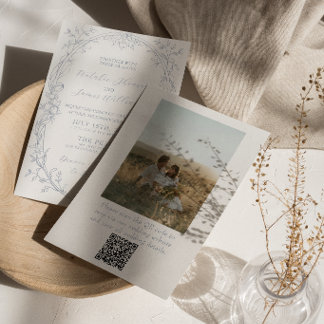 Convite Casamento Floral Boho Azul Empoeirado Código QR Fo