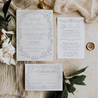 Convite Casamento Floral Boho Azul Empoeirado com Estilo A