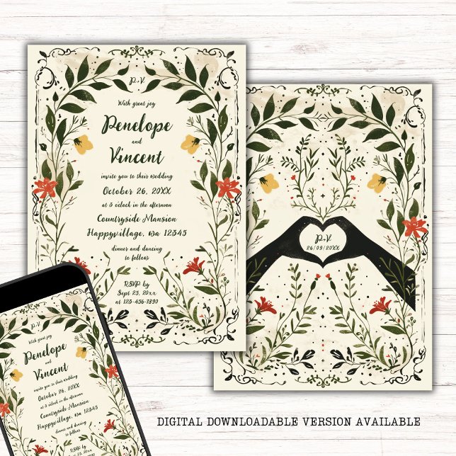 Convite Casamento Floral Boho Boho, Manuscrito Do Campo (Criador carregado)