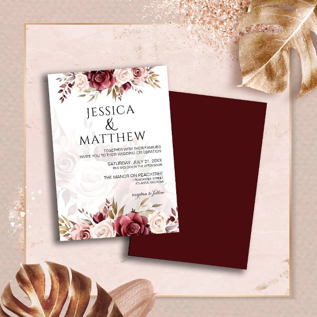 Convite Casamento Floral Boho Borgonha (Criador carregado)