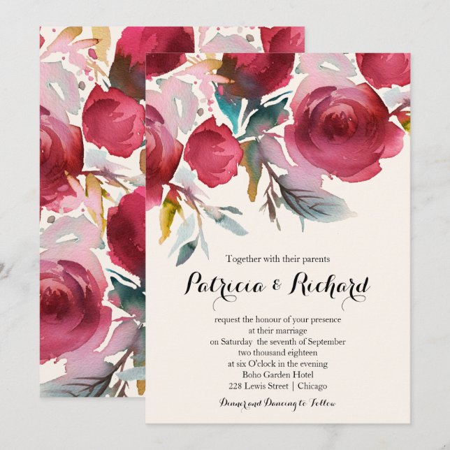 Convite Casamento Floral Boho Borgonha Marsala (Frente/Verso)