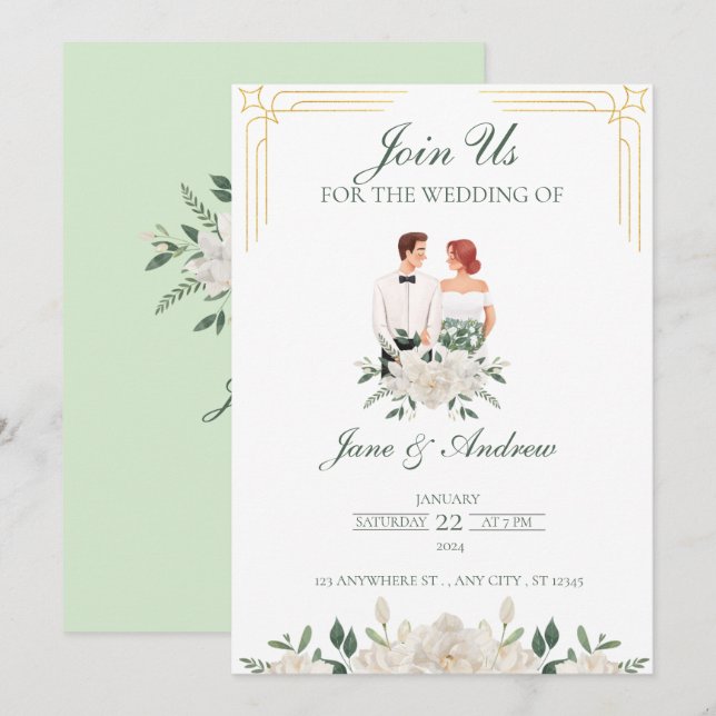 Convite Casamento Floral Boho Branco e Verde  (Frente/Verso)