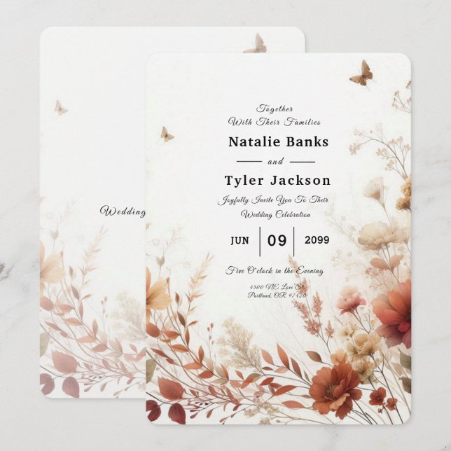 Convite Casamento Floral Boho Browns com Borboletas (Frente/Verso)