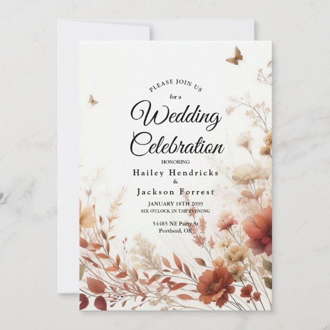 Convite Casamento Floral Boho Browns com Borboletas (Frente)