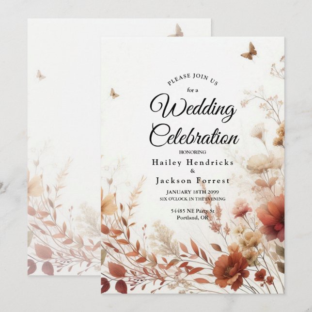 Convite Casamento Floral Boho Browns com Borboletas (Frente/Verso)