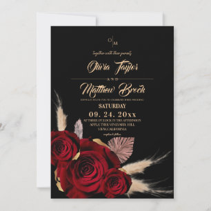 Convite Casamento Floral Boho Burgundy e Rosas Pretas