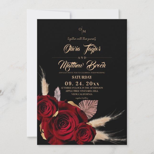 Convite Casamento Floral Boho Burgundy e Rosas Pretas (Frente)