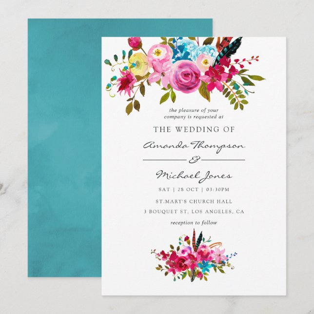 Convite Casamento Floral Boho Chic Aquarela (Frente/Verso)