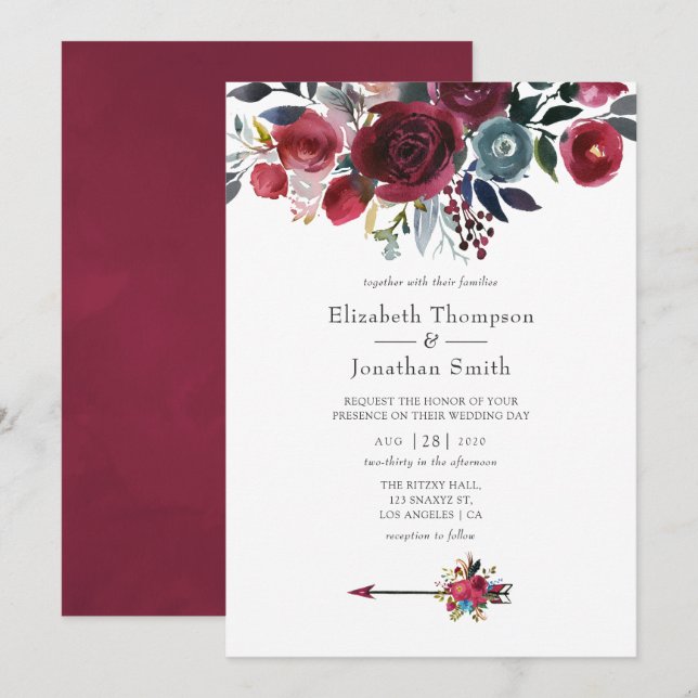 Convite Casamento Floral Boho Chic Burgundy e Navy (Frente/Verso)