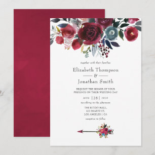 Convite Casamento Floral Boho Chic Burgundy e Navy