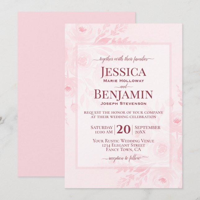 Convite Casamento Floral Boho Chic Rosa Elegante (Frente/Verso)