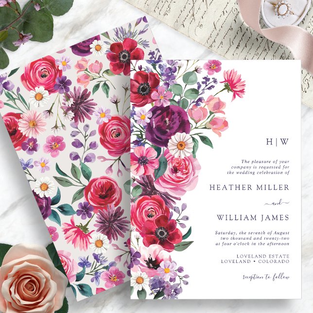 Convite Casamento Floral Boho Colorido (Colorful Boho Floral Wedding Invitation Monogrammed by Painted Paperie
)