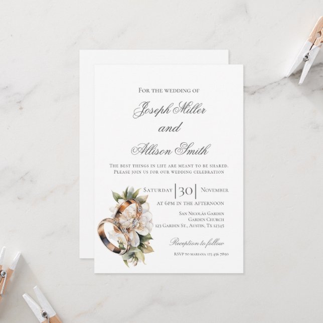 Convite Casamento floral boho com anéis (Frente/Verso In Situ)