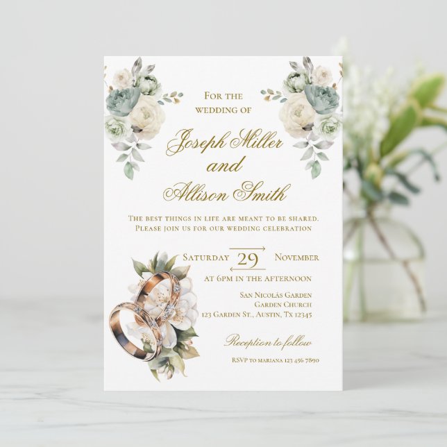 Convite Casamento floral boho com anéis (Em pé/Frente)