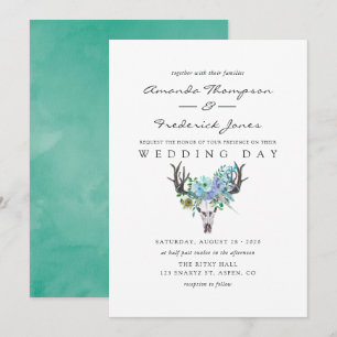 Convite Casamento Floral Boho com Aquarela Azul e Hortelã