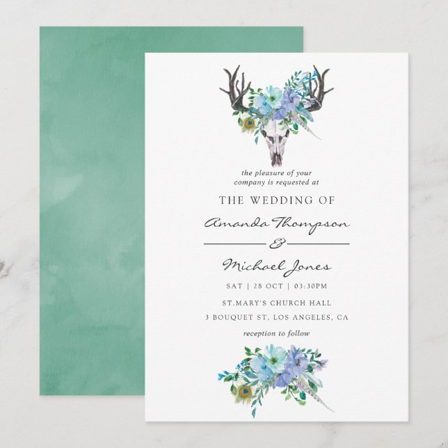 Convite Casamento Floral Boho com Aquarela em Azul e Horte (Frente/Verso)