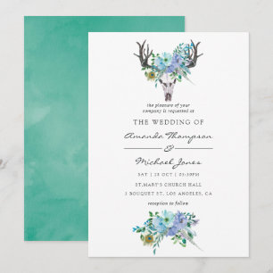 Convite Casamento Floral Boho com Aquarela em Azul e Horte