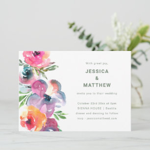 Convite Casamento Floral Boho de Aguarela Rosa Roxo no Jar