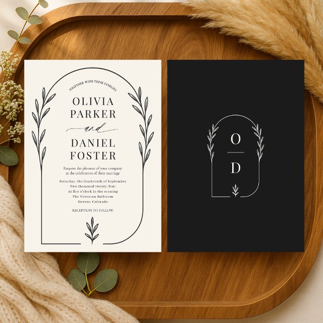 Convite Casamento Floral Boho de Marfim Preto Elegante (Criador carregado)