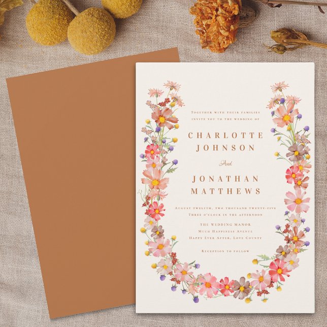 Convite Casamento Floral Boho de Outono (Boho fall wildflower floral wreath terracotta and beige wedding invitation Watercolor autumn flowers)