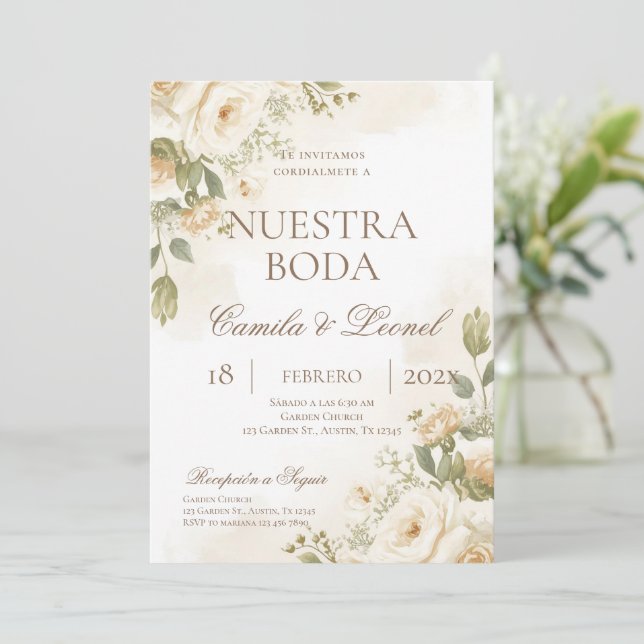 Convite Casamento Floral Boho em Espanhol (Em pé/Frente)