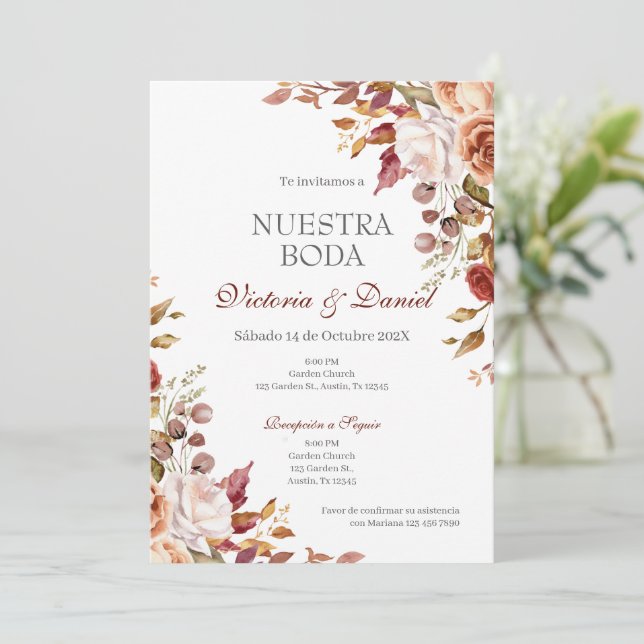 Convite Casamento Floral Boho Espanhol (Em pé/Frente)