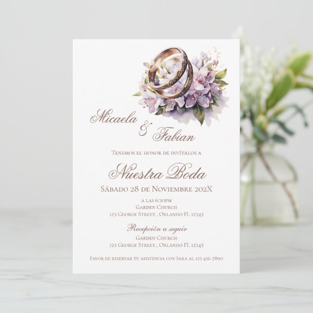 Convite Casamento Floral Boho Espanhol com anel (Em pé/Frente)