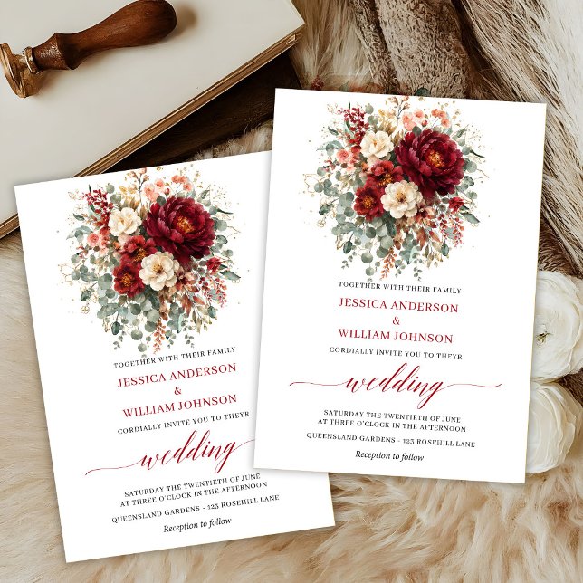 Convite Casamento Floral Boho Eucalipto Vermelho Profundo  (Autumn Deep Red Floral Boho Eucalyptus Wedding Invite

)