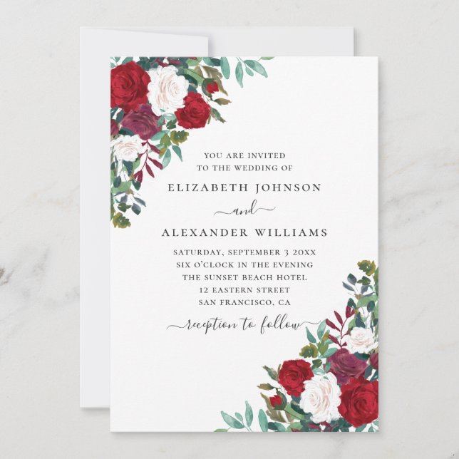 Convite Casamento floral Boho. Flores elegantes vermelhas  (Frente)