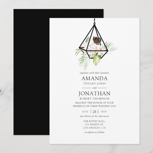 Convite Casamento Floral Boho Geométrico em Terrário (Frente/Verso)