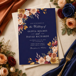 Convite Casamento Floral Boho Meia-Noite Azul Laranja Quei