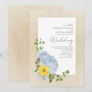 Convite Casamento Floral Boho Moderno de Girassol Azul Emp