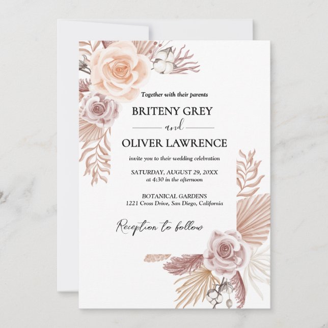Convite Casamento Floral Boho Neutro Rústico (Frente)