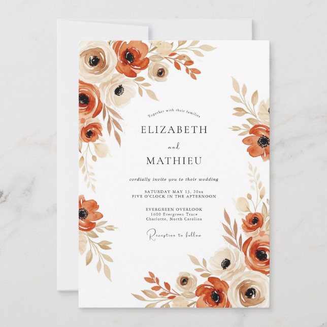 Convite Casamento Floral Boho Outonal em Terracota (Frente)
