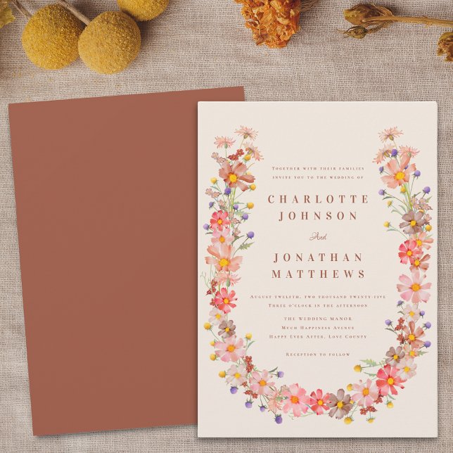 Convite Casamento Floral Boho Outono (Boho fall floral wreath burnt orange beige wedding invitation watercolor wildflowers elegant chic)