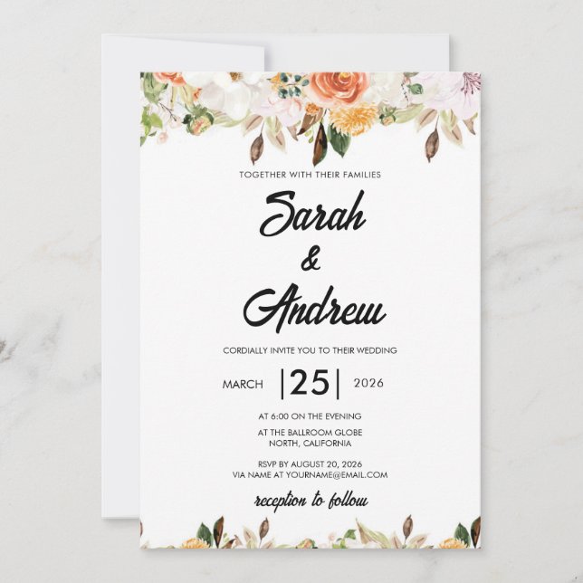 Convite Casamento Floral Boho Outono Terracota (Frente)