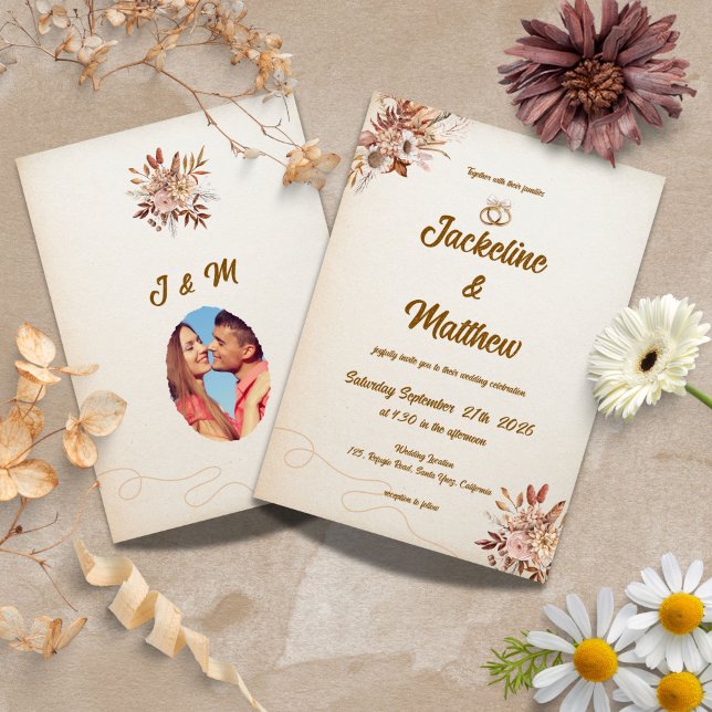 Convite Casamento Floral Boho Pampas Terracota (Criador carregado)