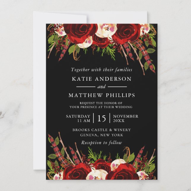 Convite Casamento Floral Boho Preto Borgonha (Frente)