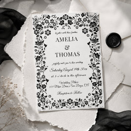 Convite Casamento Floral Boho Preto e Branco 