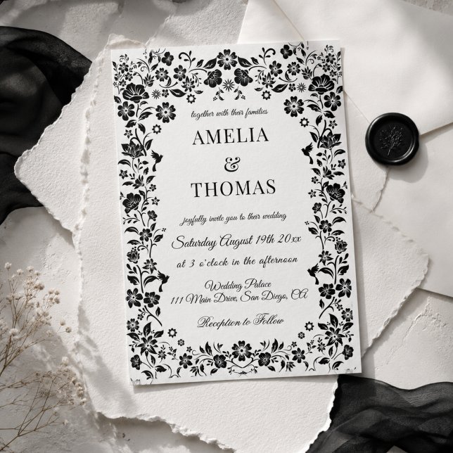 Convite Casamento Floral Boho Preto e Branco  (Criador carregado)