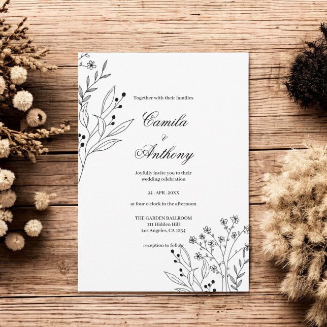 Convite Casamento Floral Boho Preto e Branco no Canto (Criador carregado)