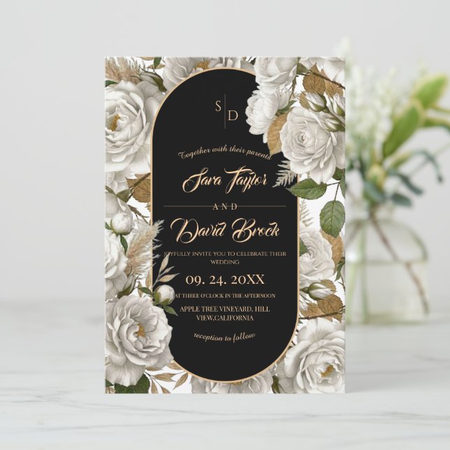 Convite Casamento Floral Boho Rosa Branca Elegante (Em pé/Frente)