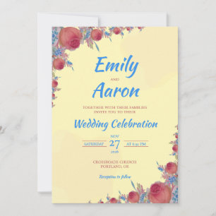 Convite Casamento Floral Boho Rosa Coral Amarelo em Aquare