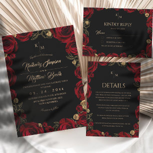 Convite Casamento Floral Boho Rosa Dourada⎮Borgonha Preto