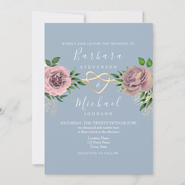 Convite Casamento Floral Boho Rosa e Azul Poeira (Frente)